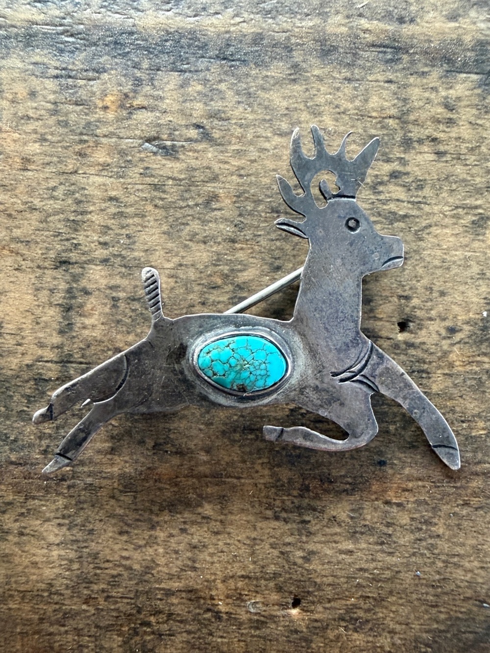 Vintage Native Navajo Handmade Sterling Silver Turquoise Deer Brooch Pin